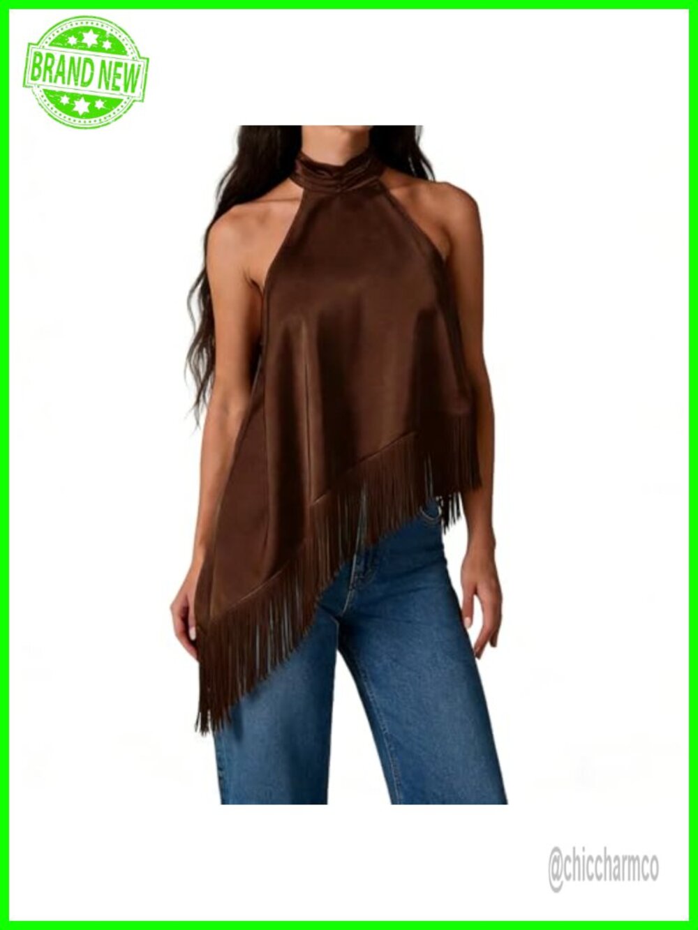 Women Halter Mock Neck Sleeveless Tassel Hem Asymmetrical Elegant Top